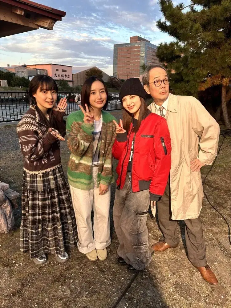 On-set photograph of the four Chika Idol no Houteishiki cast members